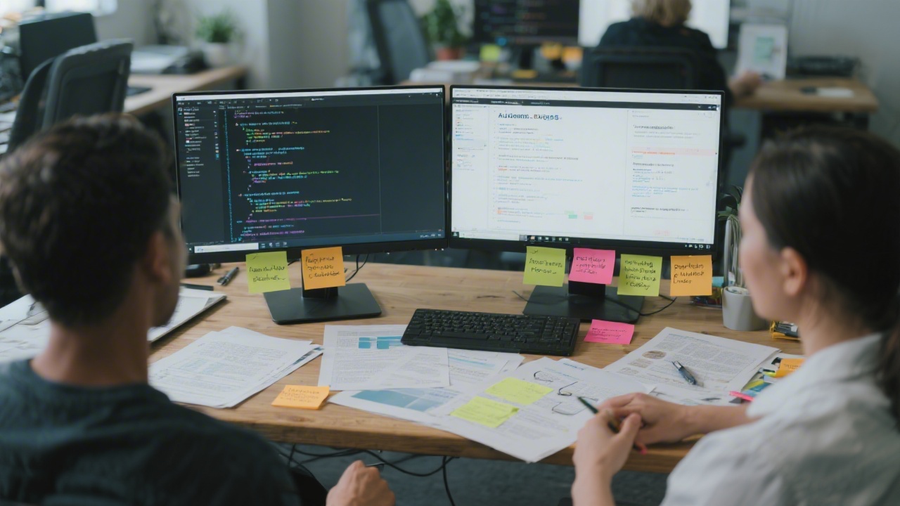 Collaborative workspace showing automation scripts on dual monitors, research papers, and sticky notes summarizing partner insights