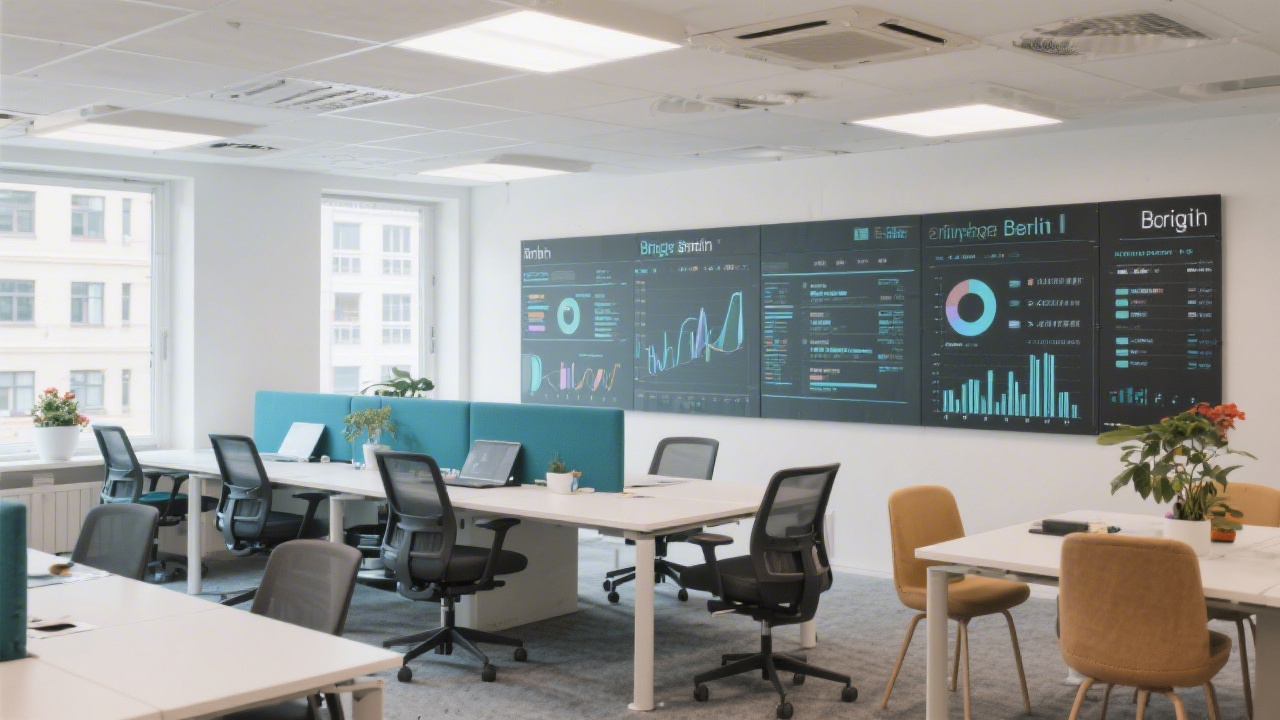 Bright Berlin office with collaborative workspace, modern furniture, and digital planning boards highlighting transparent analytics workflows