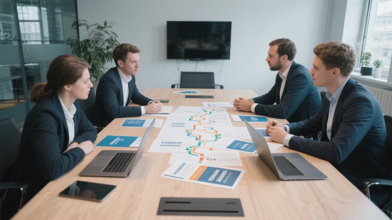 Young analytics consultants discussing data governance roadmap with printed playbooks and laptops around a sophisticated meeting table in Berlin office