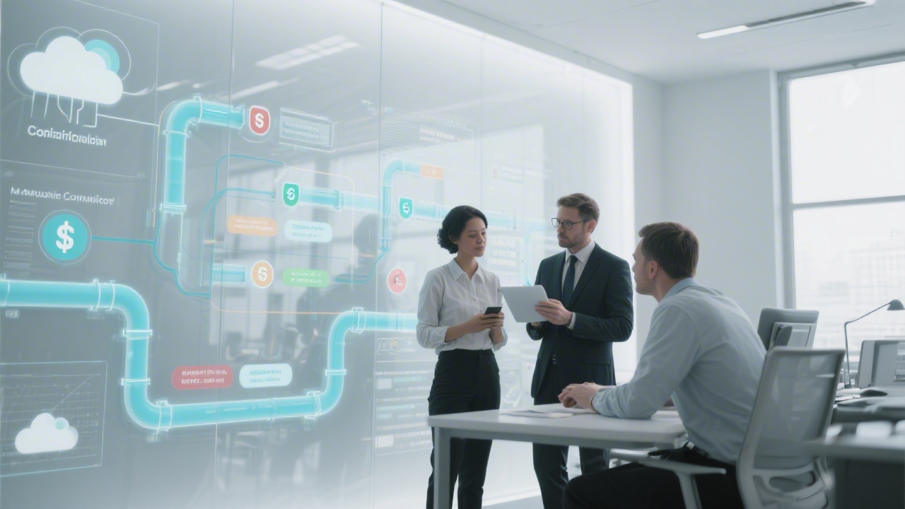 Three finance specialists collaborating around a transparent digital wall with layered pipeline diagrams, cloud connectors, and compliance status indicators inside a minimalist office