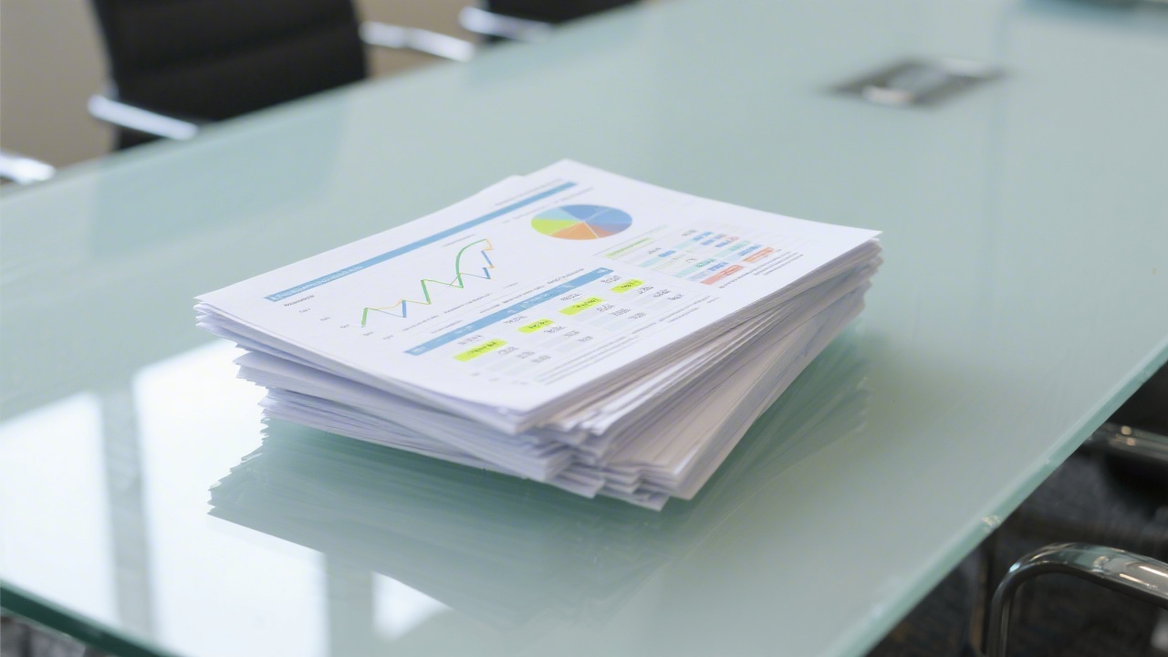 Stack of printed financial insight reports with highlighted trend annotations, quantitative tables, and executive summaries on a glass meeting table