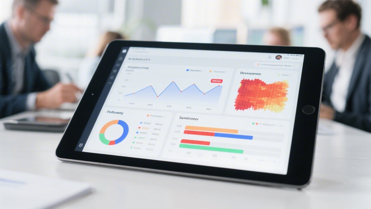 High-resolution tablet screen showing layered financial dashboards with charts, anomaly alerts, profitability heatmaps, and sensitivity sliders in a bright office environment with focused analysts collaborating