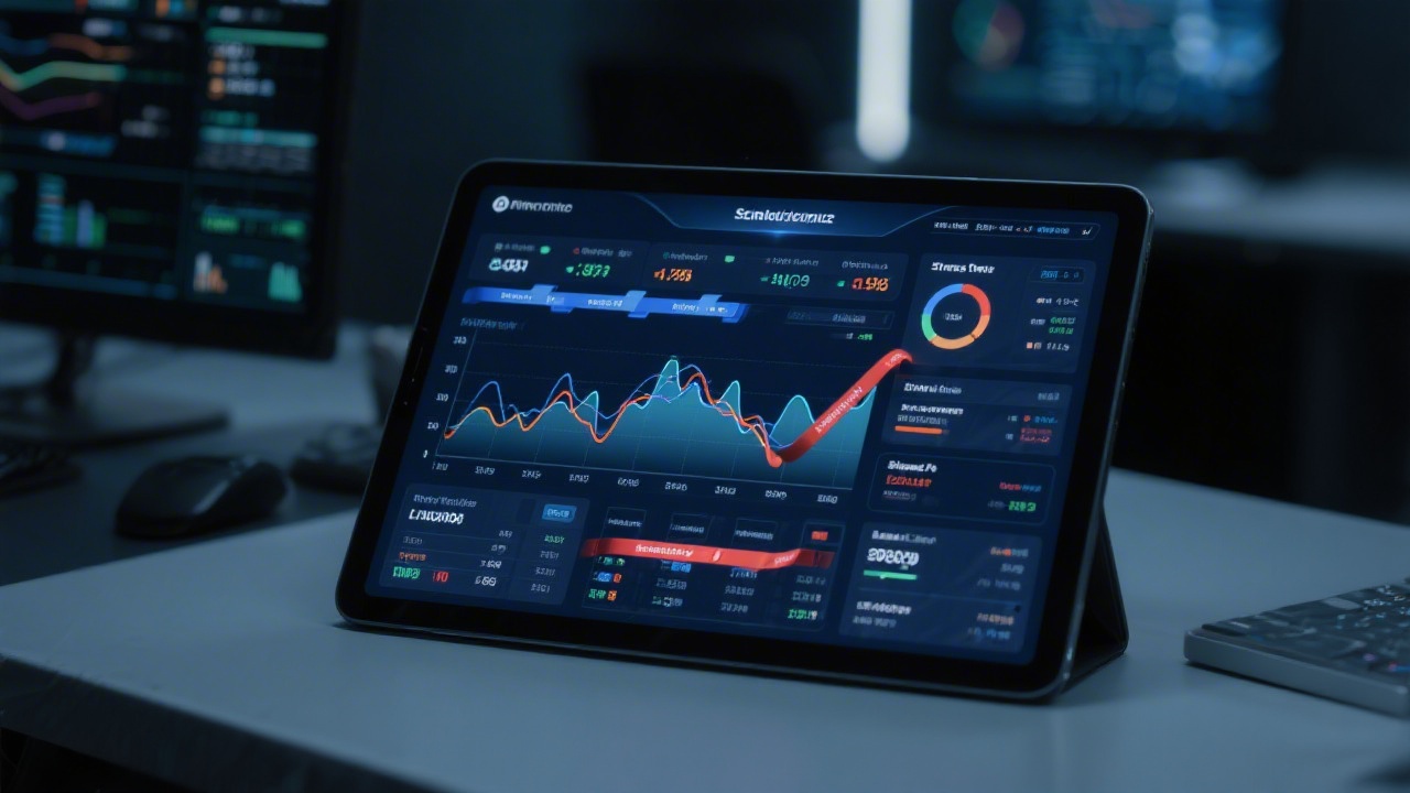 Modern tablet on glass desk displaying multi-layer scenario dashboard with probabilistic trend lines, stress test ribbons, and financial KPI summaries in a dim fintech control room