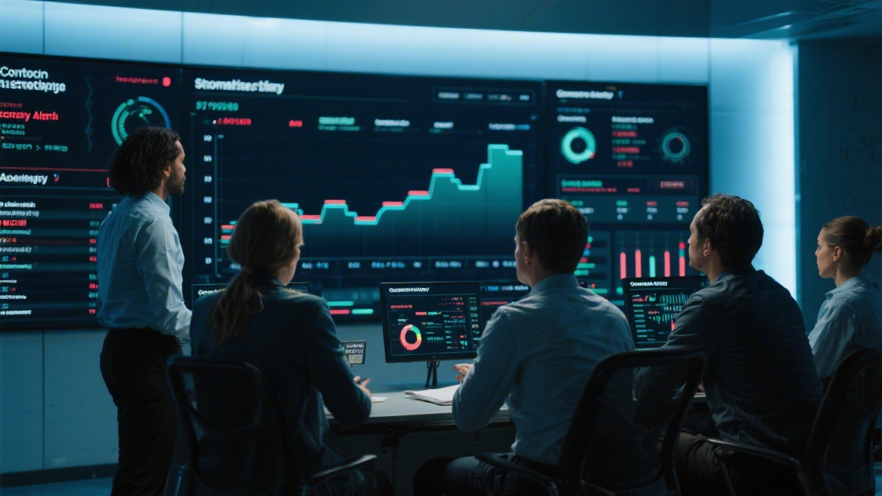 Focused strategy team reviewing illuminated dashboards on large screens showing timelines, anomaly alerts, and governance approvals inside a contemporary control center
