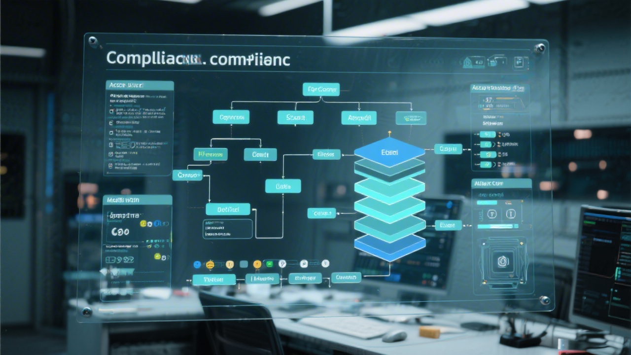 Detailed compliance flowchart with access control layers, encryption indicators, and audit checkpoints displayed on translucent board in a secure operations room