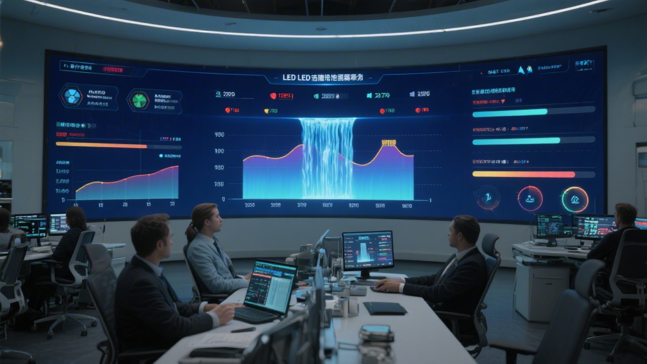 Large curved LED screen presenting gradient sensitivity waterfall chart, interactive sliders, and operational alerts while analysts observe from collaborative workspace
